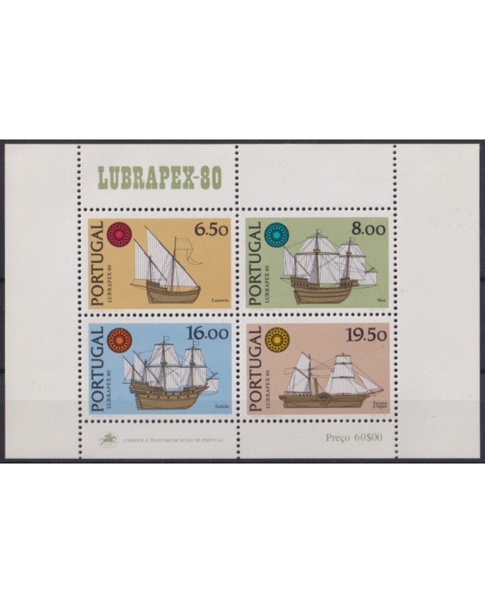 F-EX46039 PORTUGAL MNH 1980 HISTORY OF SHIP LUBRAPEX-80 SHEET.