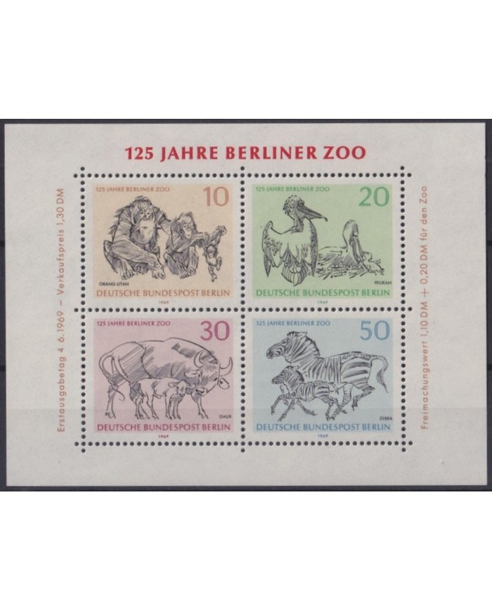 F-EX46131 GERMANY DDR MNH 1969 125 ANIV BERLIN ZOO PELICAN MONKEY ZEBRA CAO.