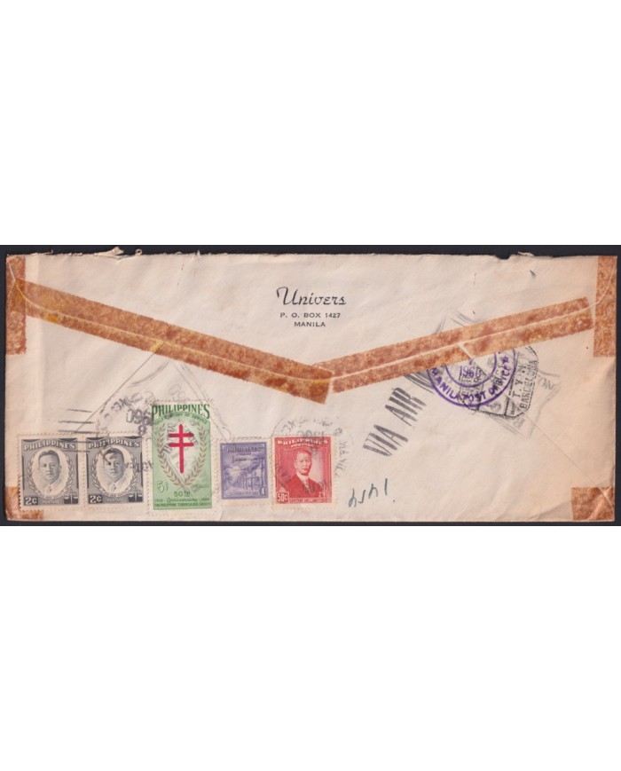 Z619 PHILIPPINES 1960 MANILA HOTEL CANCEL REGISTERED COVER TO BARCELONA SPAIN.
