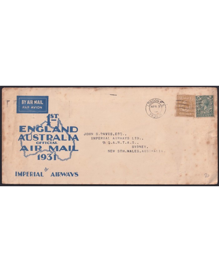 Z621 ENGLAND UK UNITED KINGDOM 1931 FIRST FLIGHT LONDON TO AUSTRALIA.