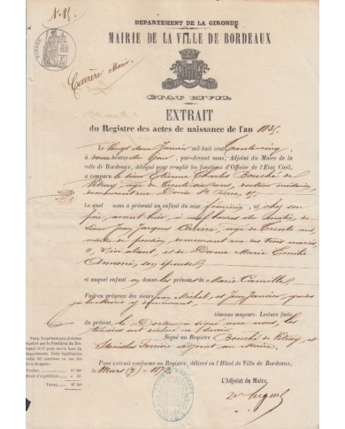 E127 FRANCE FRANCIA SEALLED PAPER 1872. 1,50C. BIRTH CERTIFICATE