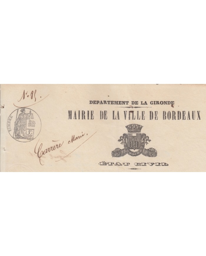 E127 FRANCE FRANCIA SEALLED PAPER 1872. 1,50C. BIRTH CERTIFICATE