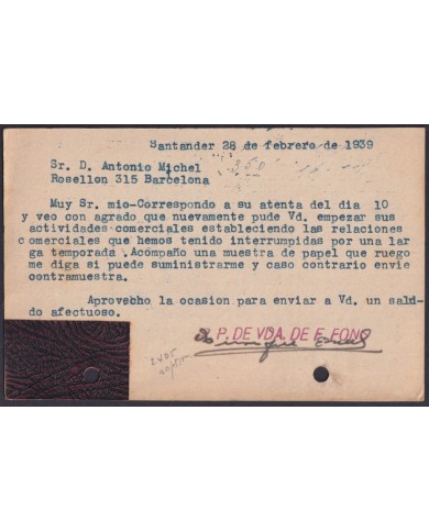 F-EX45860 ESPAÑA SPAIN 1939 SPECIAL CARD SANTANDER CENSORSHIP TO BARCELONA.