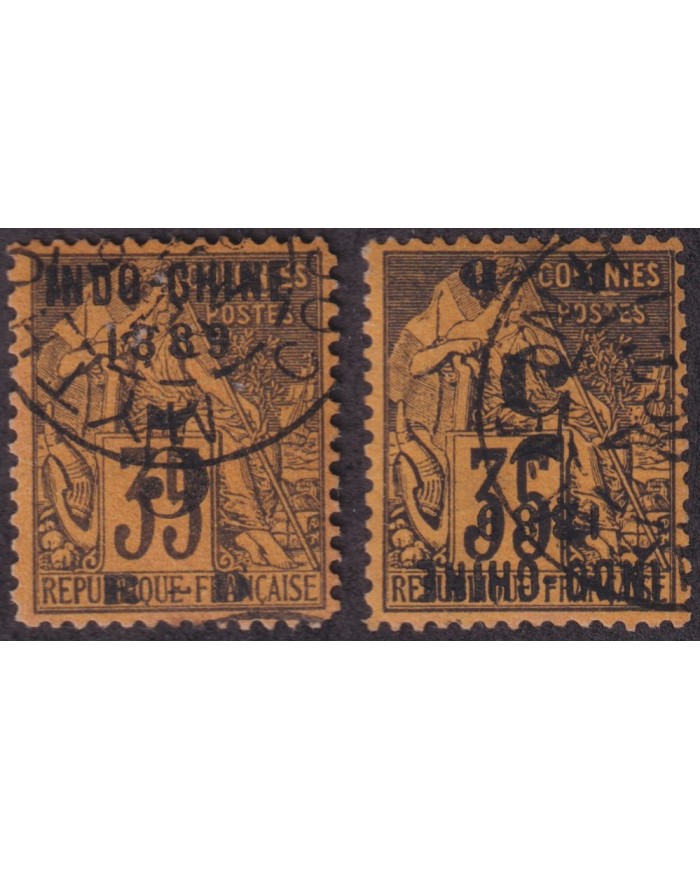 F-EX40271 FRANCE OBOCK 1889 SURCHARGE NORMAL + INVERTED SURCHARGE. RARE.