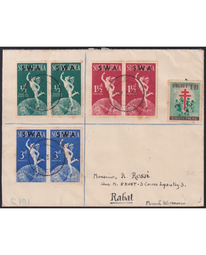 F-EX39613 NAMIBIA SOUTH WEST AFRICA 1949 UPU REGISTERD COVER TO MOROCCO.
