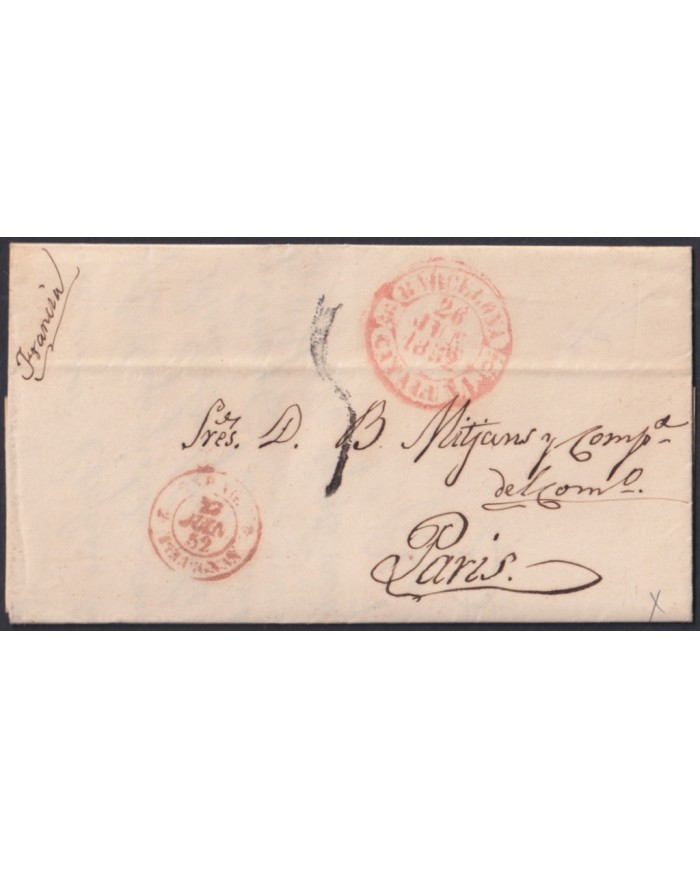 F-EX46267 ESPAÑA SPAIN 1852 STAMPLESS BARCELONA TO PARIS FRANCE.