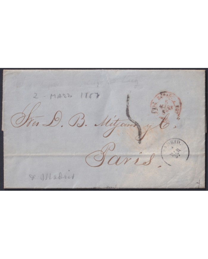 F-EX46265 ESPAÑA SPAIN 1857 STAMPLESS MADRID TO PARIS FRANCE.