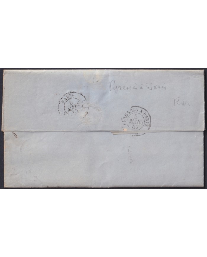 F-EX46265 ESPAÑA SPAIN 1857 STAMPLESS MADRID TO PARIS FRANCE.