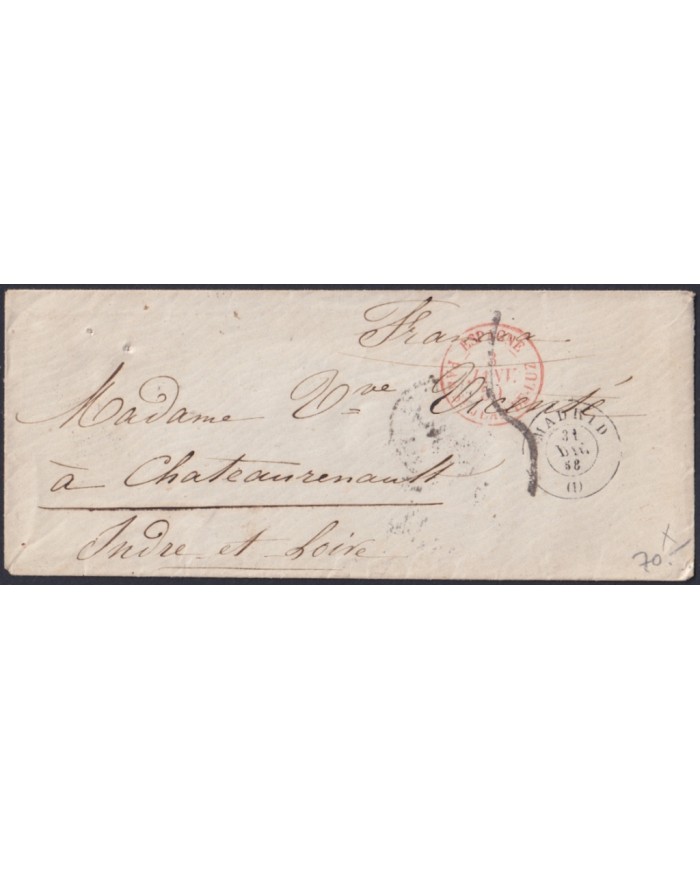 F-EX46266 ESPAÑA SPAIN 1858 STAMPLESS MADRID TO PARIS FRANCE.