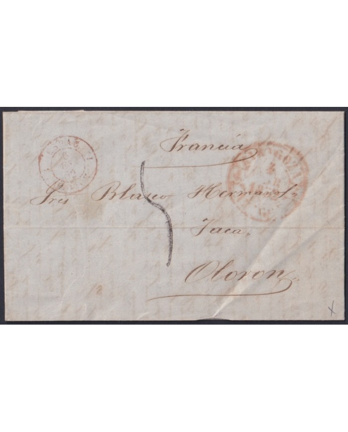 F-EX46268 ESPAÑA SPAIN 1852 STAMPLESS ZARAGOZA TO OLORON FRANCE.