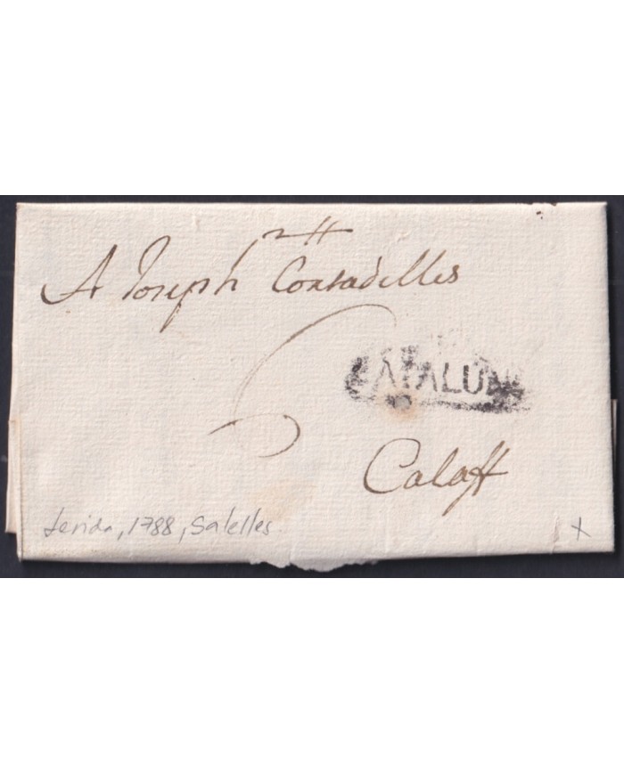 F-EX46269 ESPAÑA SPAIN 1788 STAMPLESS “CATALUÑA” LERIDA SALELLES TO CALAFF.