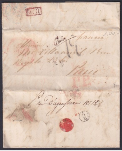 F-EX46270 ESPAÑA SPAIN 1848 STAMPLESS MADRID “M.PP” TO PARIS FRANCE.