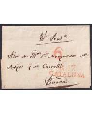 F-EX46271 ESPAÑA SPAIN 1826 STAMPLESS GERONA TO BARCELONA RED “G.17. CATALUÑA”.