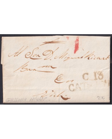 F-EX46272 ESPAÑA SPAIN 1826 STAMPLESS GUISSONA TO VICH “C.13. CATALUÑA”.