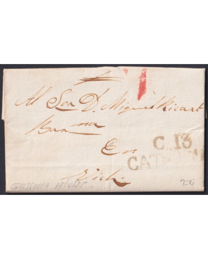F-EX46272 ESPAÑA SPAIN 1826 STAMPLESS GUISSONA TO VICH “C.13. CATALUÑA”.