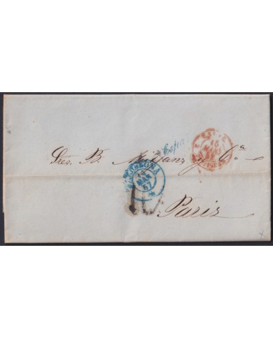 F-EX46274 ESPAÑA SPAIN 1857 STAMPLESS BARCELONA TO PARIS FRANCE.