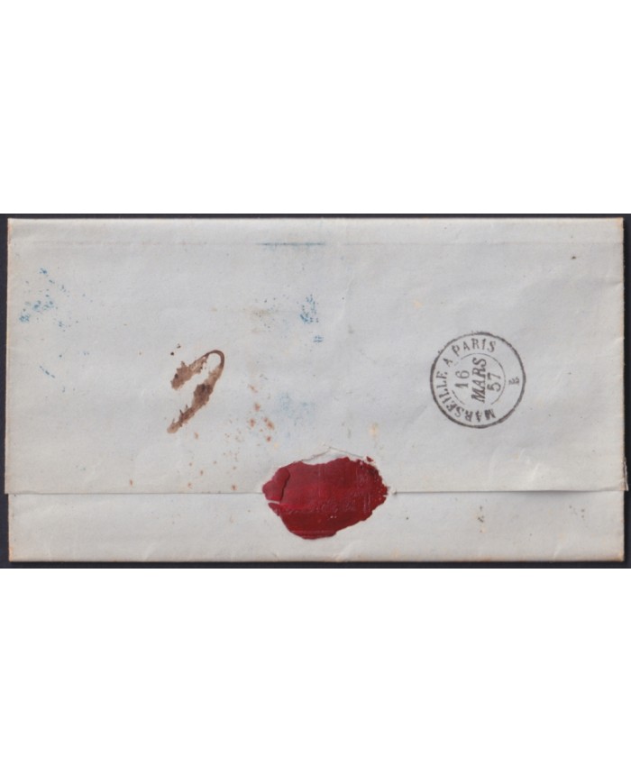 F-EX46274 ESPAÑA SPAIN 1857 STAMPLESS BARCELONA TO PARIS FRANCE.