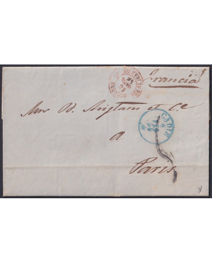 F-EX46275 ESPAÑA SPAIN 1856 STAMPLESS CADIZ TO PARIS FRANCE.