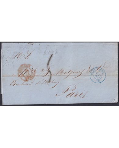 F-EX46276 ESPAÑA SPAIN 1856 STAMPLESS BARCELONA TO PARIS FRANCE.