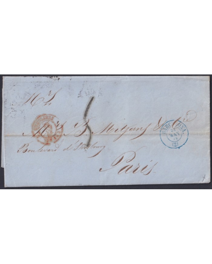 F-EX46276 ESPAÑA SPAIN 1856 STAMPLESS BARCELONA TO PARIS FRANCE.