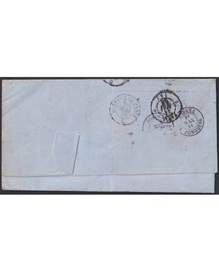 F-EX46276 ESPAÑA SPAIN 1856 STAMPLESS BARCELONA TO PARIS FRANCE.