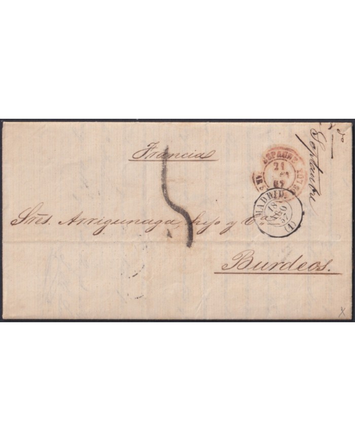 F-EX46277 ESPAÑA SPAIN 1857 STAMPLESS MADRID TO BORDEAUX FRANCE.