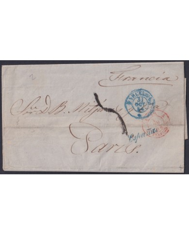 F-EX46278 ESPAÑA SPAIN 1854 STAMPLESS BARCELONA TO PARIS FRANCE.