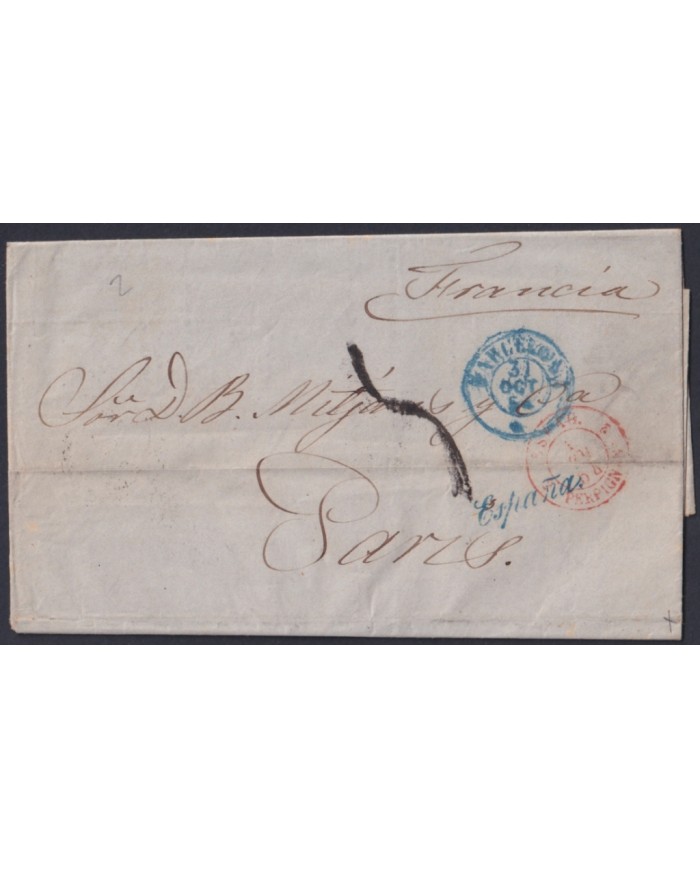 F-EX46278 ESPAÑA SPAIN 1854 STAMPLESS BARCELONA TO PARIS FRANCE.
