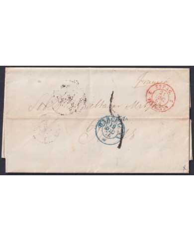 F-EX46279 ESPAÑA SPAIN 1854 STAMPLESS BARCELONA TO PARIS FRANCE.