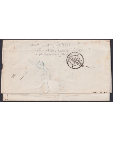 F-EX46279 ESPAÑA SPAIN 1854 STAMPLESS BARCELONA TO PARIS FRANCE.