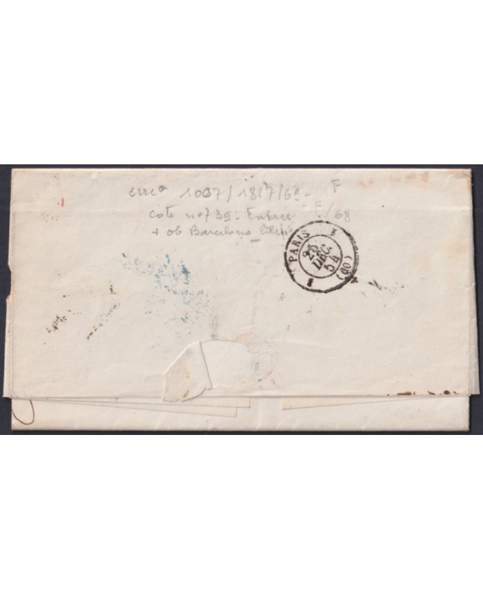 F-EX46279 ESPAÑA SPAIN 1854 STAMPLESS BARCELONA TO PARIS FRANCE.