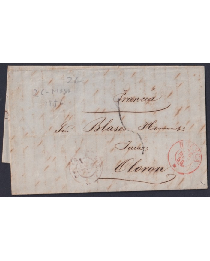 F-EX46280 ESPAÑA SPAIN 1856 STAMPLESS HUESCA TO OLORON FRANCE.