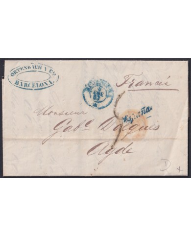 F-EX46281 ESPAÑA SPAIN 1857 STAMPLESS BARCELONA TO AGDE FRANCE.