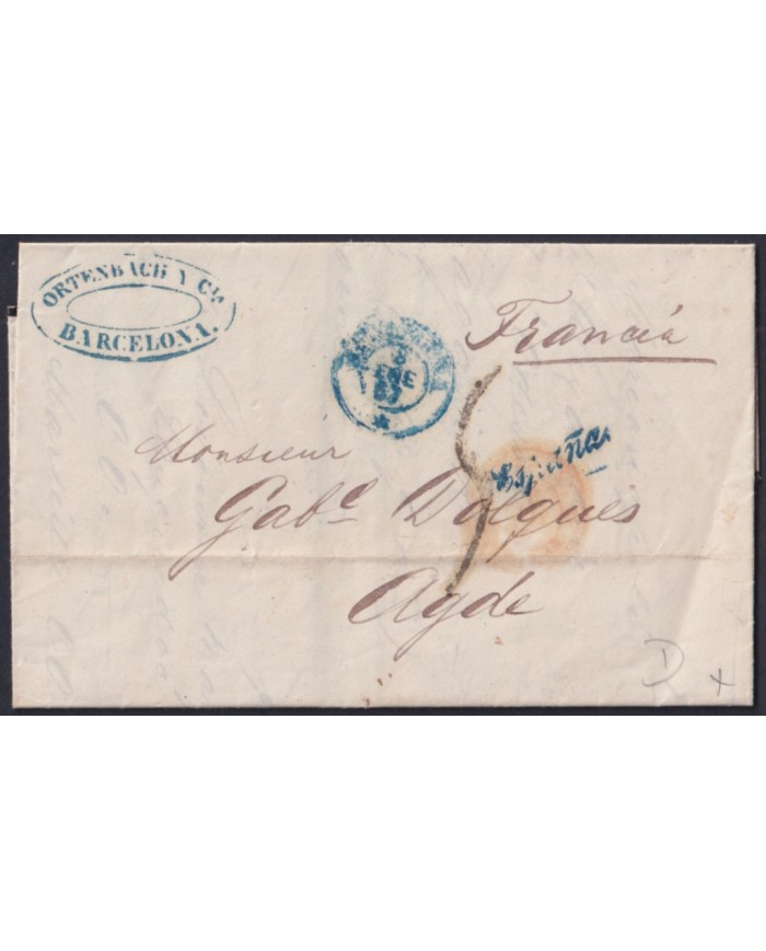 F-EX46281 ESPAÑA SPAIN 1857 STAMPLESS BARCELONA TO AGDE FRANCE.