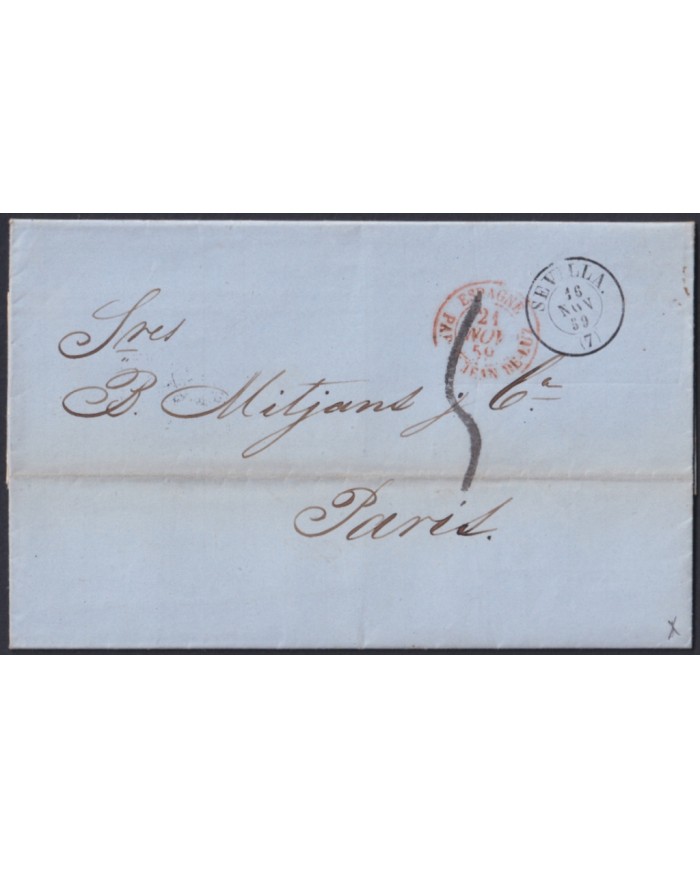 F-EX46282 ESPAÑA SPAIN 1859 STAMPLESS SEVILLA TO PARIS FRANCE.