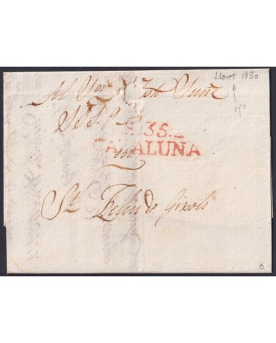 F-EX46288 ESPAÑA SPAIN 1830 STAMPLESS LLORET - S. FELIU GUIXOLS RED “S.35. CATALUÑA”.