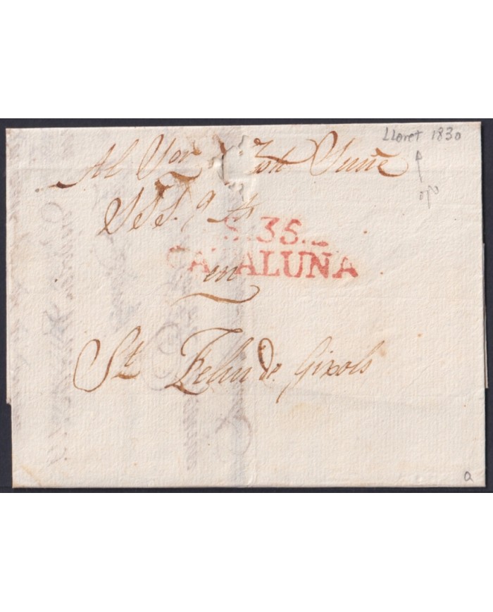 F-EX46288 ESPAÑA SPAIN 1830 STAMPLESS LLORET - S. FELIU GUIXOLS RED “S.35. CATALUÑA”.