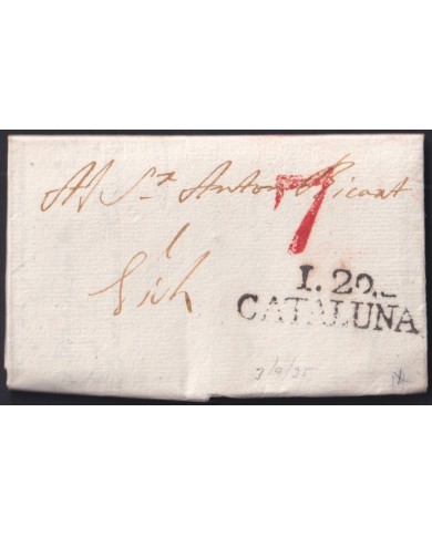 F-EX46291 ESPAÑA SPAIN 1835 STAMPLESS IGUALADA TO VICH “I.20. CATALUÑA”.
