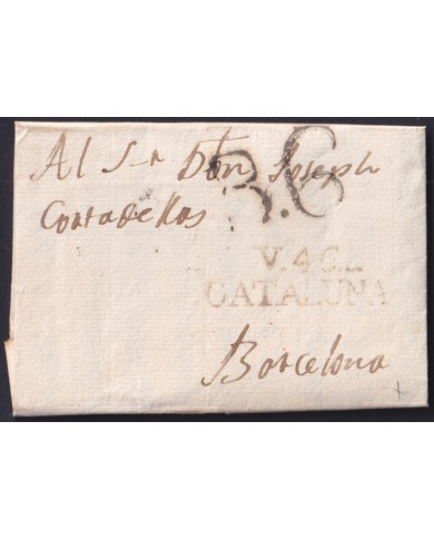 F-EX46293 ESPAÑA SPAIN 1805 STAMPLESS TORREGASSA TO BARCELONA “V.46. CATALUÑA”.