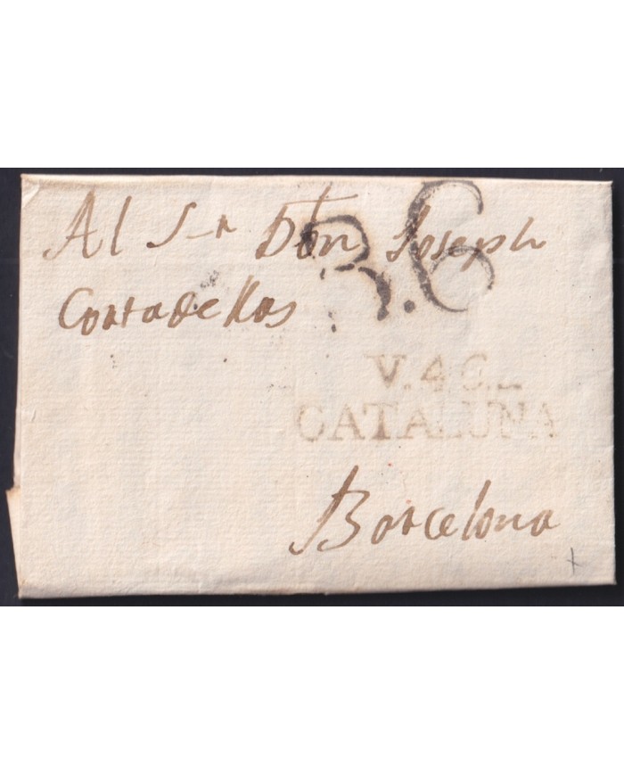 F-EX46293 ESPAÑA SPAIN 1805 STAMPLESS TORREGASSA TO BARCELONA “V.46. CATALUÑA”.
