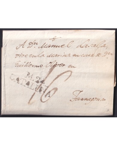 F-EX46295 ESPAÑA SPAIN 1808 STAMPLESS MANRESA TO TARRAGONA “M.24. CATALUÑA”.