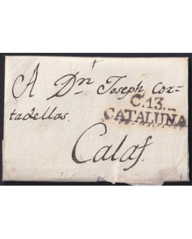 F-EX46296 ESPAÑA SPAIN 1809 STAMPLESS CERVERA TO CALAFF “C.13. CATALUÑA”.
