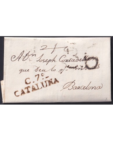 F-EX46297 ESPAÑA SPAIN 1807 STAMPLESS CALAFF TO BARCELONA “C.7. CATALUÑA”.