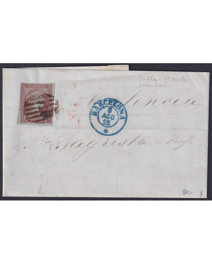 F-EX46305 ESPAÑA SPAIN 1855 4 cu Ed.40 COVER VALENCIA TO BARCELONA.
