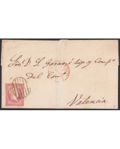 F-EX46307 ESPAÑA SPAIN 1857 4 cu Ed.48 COVER ALICANTE TO VALENCIA.