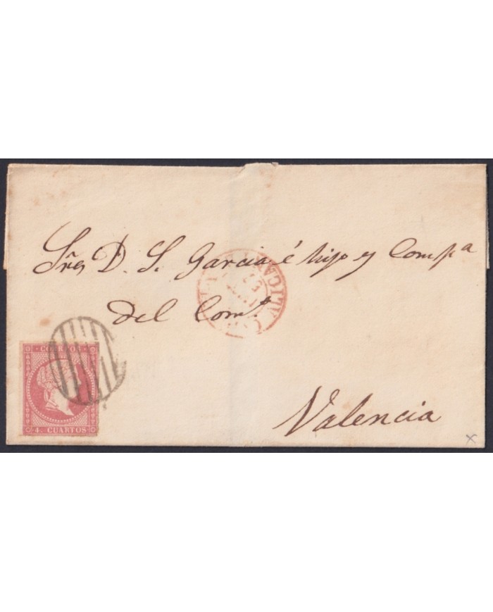 F-EX46307 ESPAÑA SPAIN 1857 4 cu Ed.48 COVER ALICANTE TO VALENCIA.