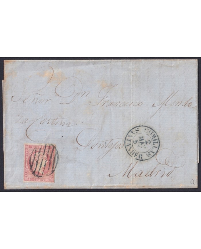 F-EX46309 ESPAÑA SPAIN 1857 4 cu Ed.44 COMILLAS SANTANDER TO MADRID.