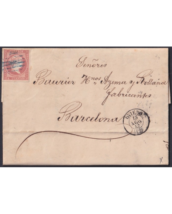 F-EX46316 ESPAÑA SPAIN 1857 4 cu Ed.48 OVIEDO TO BARCELONA.