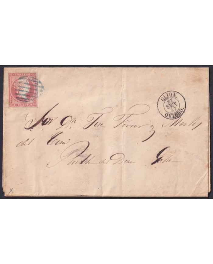 F-EX46317 ESPAÑA SPAIN 1857 4 cu Ed.48 GIJON, ASTURIAS TO PUEBLA DEL DECAN, GALICIA .