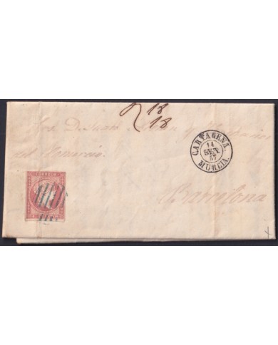 F-EX46323 ESPAÑA SPAIN 1857 4 cu Ed.48 CARTAGENA MURCIA TO BARCELONA.